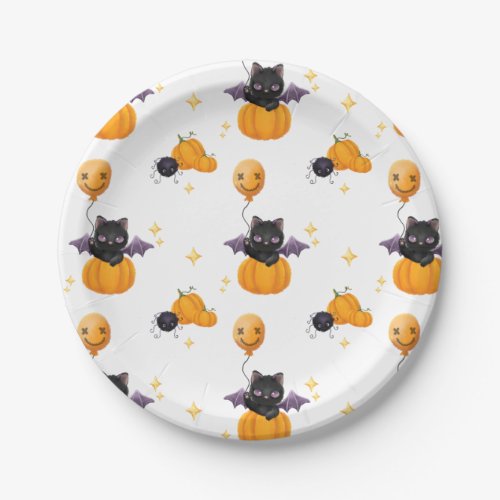 Cute Halloween illustration cat with pumpkin Paper Plates