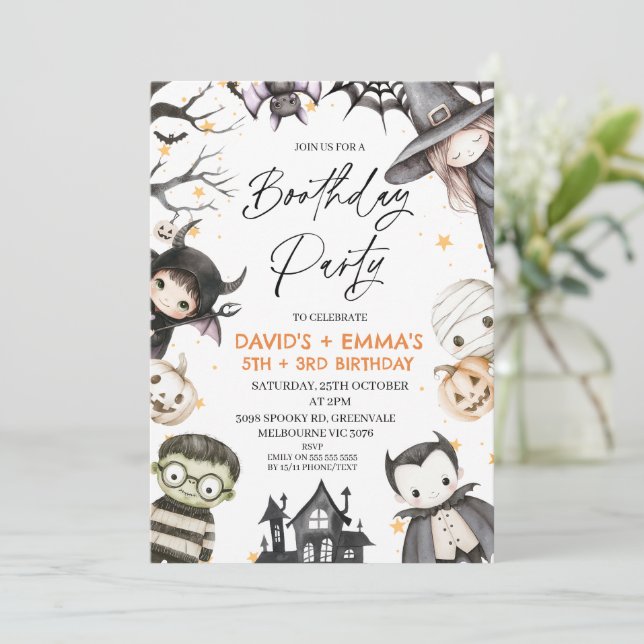 Cute Halloween Kids Boothday Party Join Birthday Invitation (Standing Front)