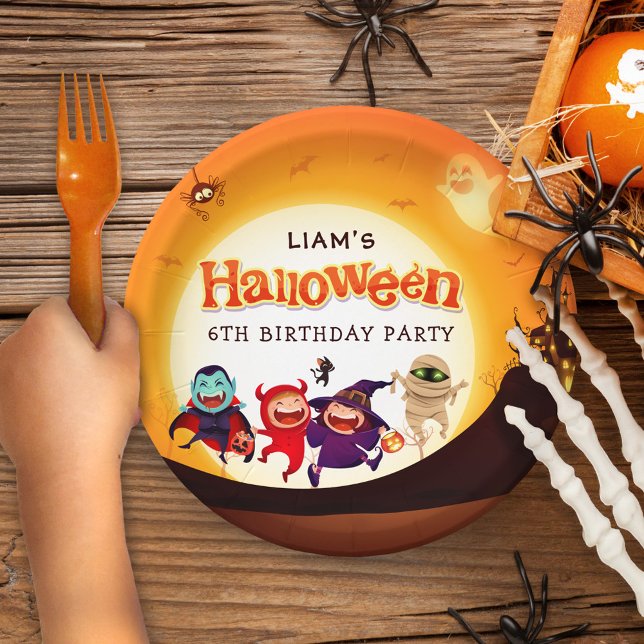 Cute Halloween Kids Orange Birthday Party Paper Plates (Creator Uploaded)