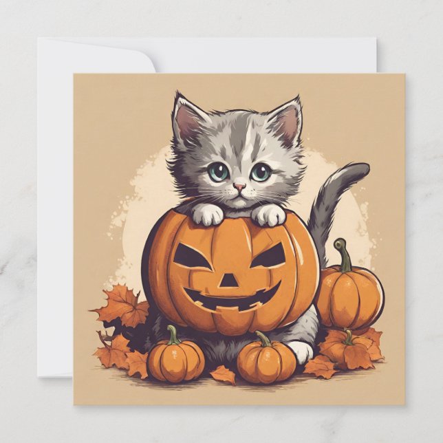 Cute Halloween Kitten and Jack-O'-Lantern Card (Front)