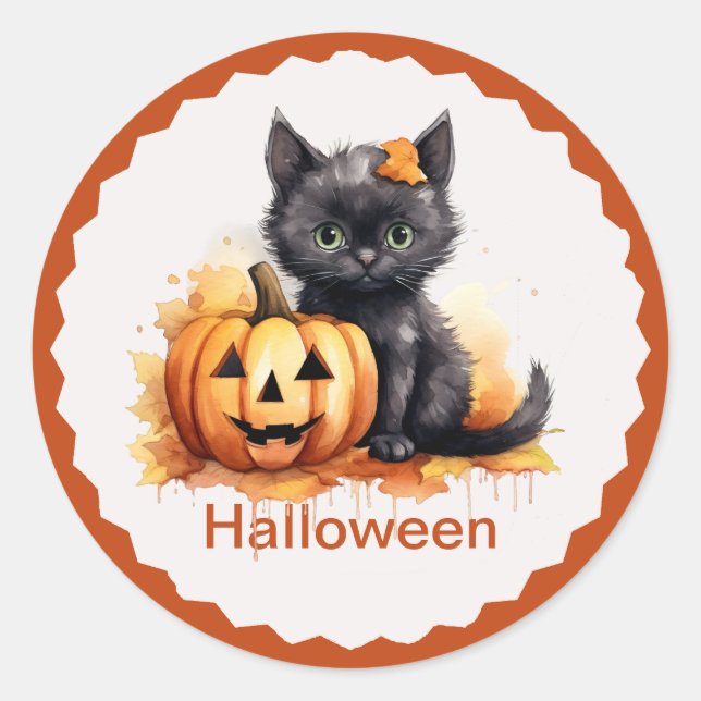 Cute Halloween Kitten and Pumpkin Sticker (Front)