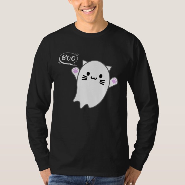 Cute Halloween Kitten Cat Flying Ghost Boo Costume T-Shirt (Front)