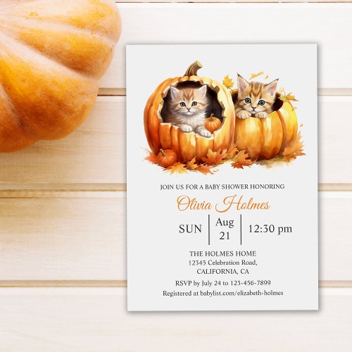 Cute Halloween Kitten in Pumpkin Baby Shower Invitation
