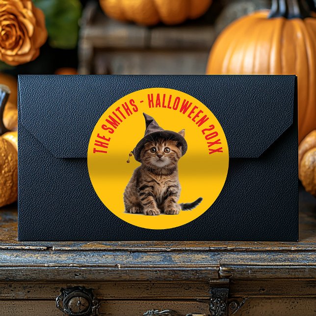 Cute Halloween Kitten In Witch Hat Party Favor Classic Round Sticker (Creator Uploaded)