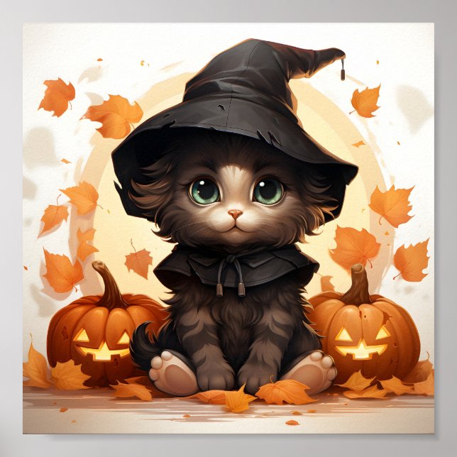 Cute Halloween Kitten Witch, Leaves And Pumpkins Poster (Front)