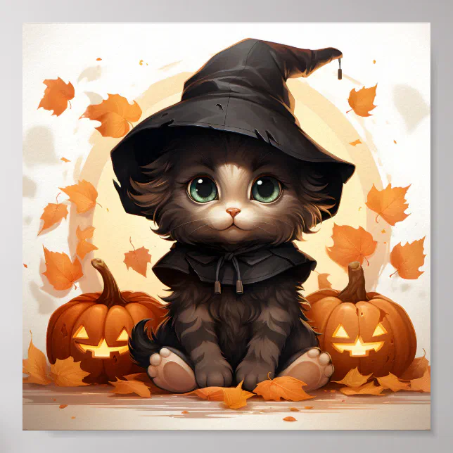 Cute Halloween Kitten Witch, Leaves And Pumpkins Poster | Zazzle
