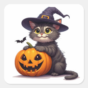 Cute Halloween Kitten With Witch Hat 🎃 Square Sticker