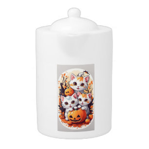 Cute Halloween Kittens with Pumpkin Card - 3 Cats Teapot