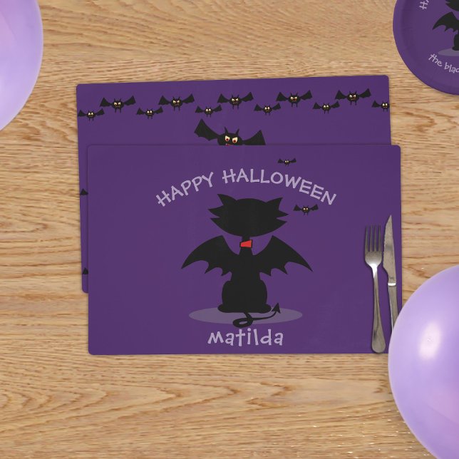 Cute Halloween Kitty Cat Bat Purple Placemat (If you're planning a cat themed Halloween Party - here's a double sided placemat. Just add your name)