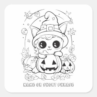 Cute Halloween Kitty Color Your Own Square Sticker