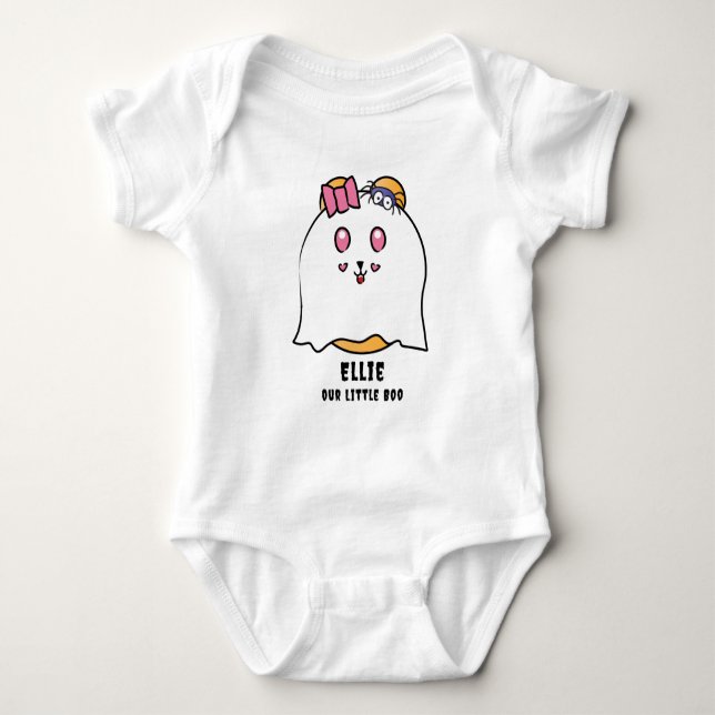 Cute Halloween Little Boo Girl Ghost Custom Name Baby Bodysuit (Front)