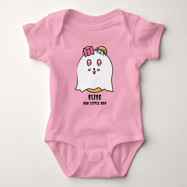 Cute Halloween Little Boo Girl Ghost Custom Name Baby Bodysuit (Front)