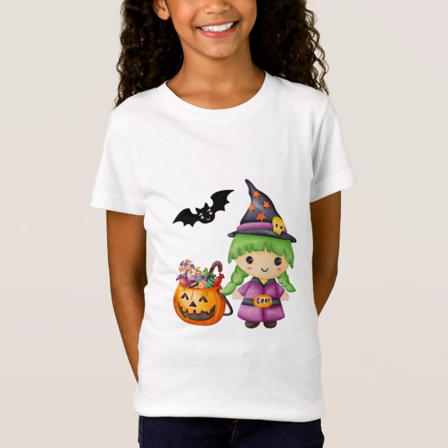 Cute Halloween Little Witch and Halloween Candy  T-Shirt (Front)