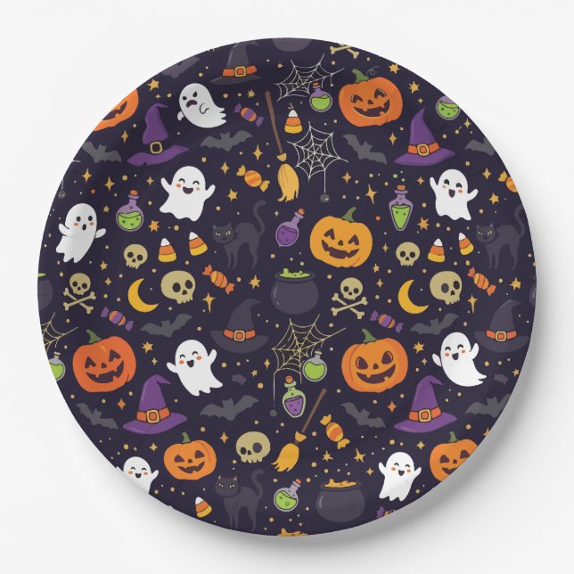 Cute Halloween Magic Night Pattern Ghost Witch Cat Paper Plates (Front)