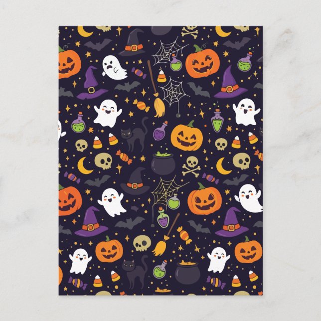 Cute Halloween Magic Night Pattern Ghost Witch Cat Postcard (Front)