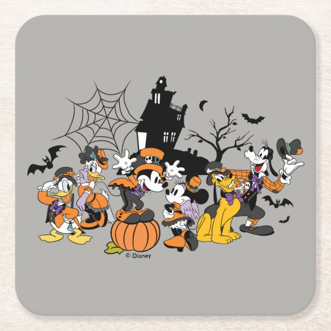 Cute Halloween Mickey and Friends Square Paper Coaster (Front)