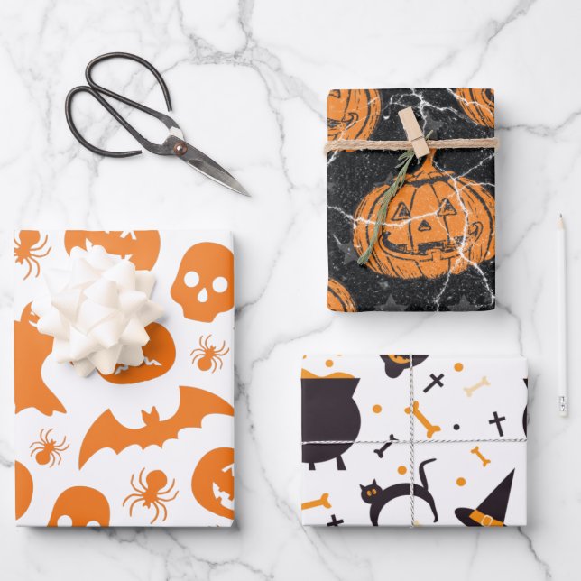 Cute Halloween Mixed Pattern Pumpkin Witch Bats Wrapping Paper Sheets (Front)