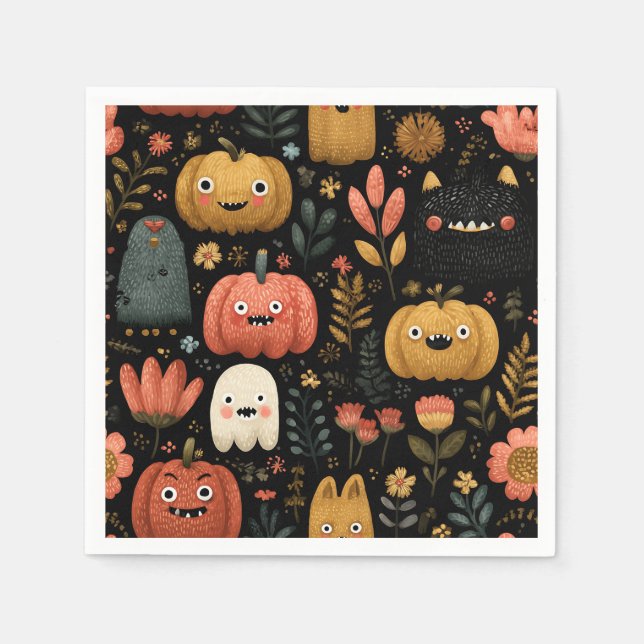 Cute Halloween Monsters and Pumpkins Pattern Napkins (Front)