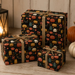 Cute Halloween Monsters and Pumpkins Pattern Wrapping Paper Sheets