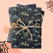 Cute Halloween Monsters in Dark moody Greys Wrapping Paper Sheets