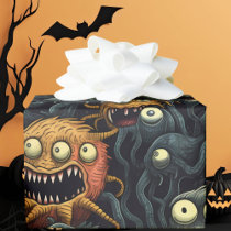Cute Halloween Monsters, Orange, Dark Greys Wrapping Paper