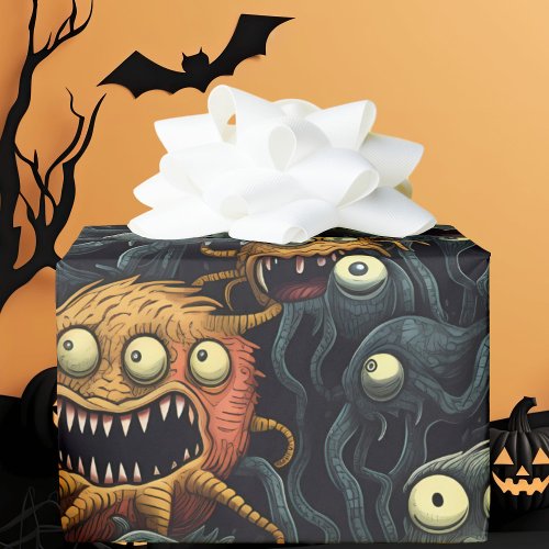 Cute Halloween Monsters Orange Dark Greys Wrapping Paper