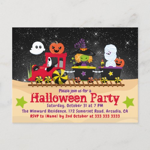 Cute Halloween Monsters Train Invitation Postcard
