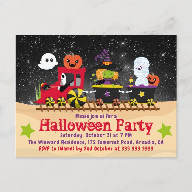 Cute Halloween Monsters Train Invitation Postcard (Front)