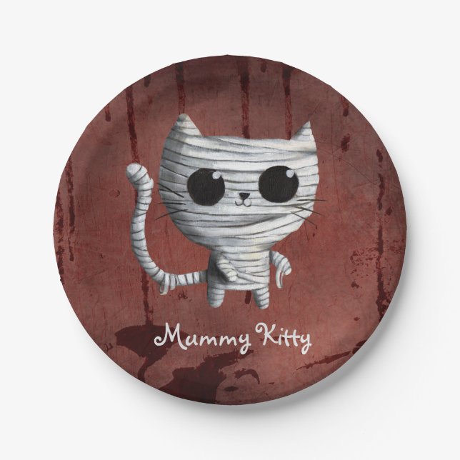 Cute Halloween Mummy Cat Paper Plates (Front)