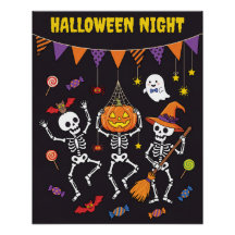 Cute Halloween Night Dancing Skeletons Poster