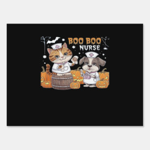 Cute Halloween Nurse Cat and Dog with Pumpkins Cla Sign