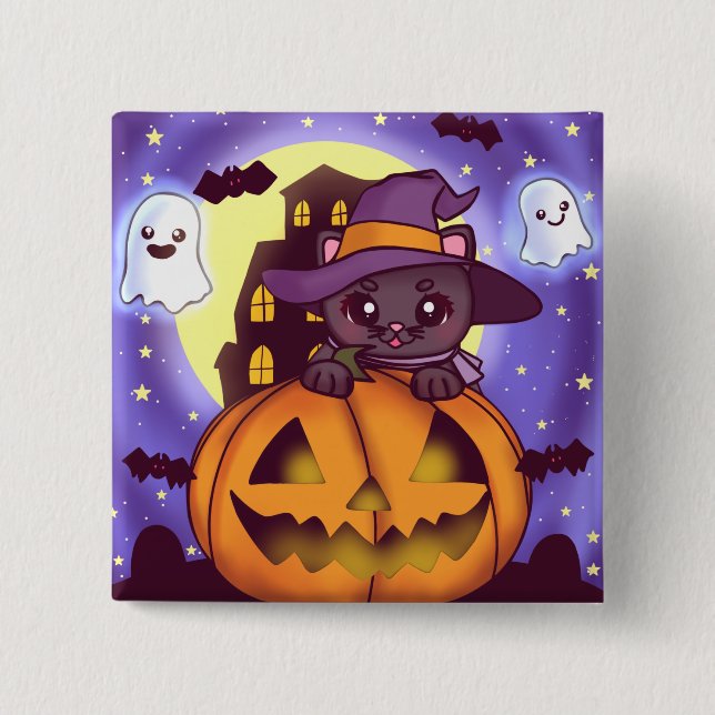 Cute Halloween October Witch Cat Button (Front)