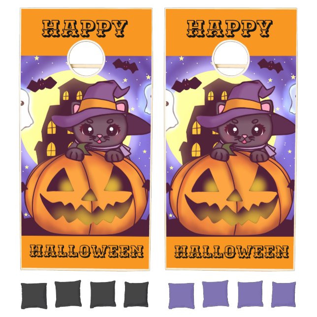 Cute Halloween October Witch Cat Cornhole Set (Set)