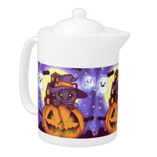 Cute Halloween October Witch Cat Teapot