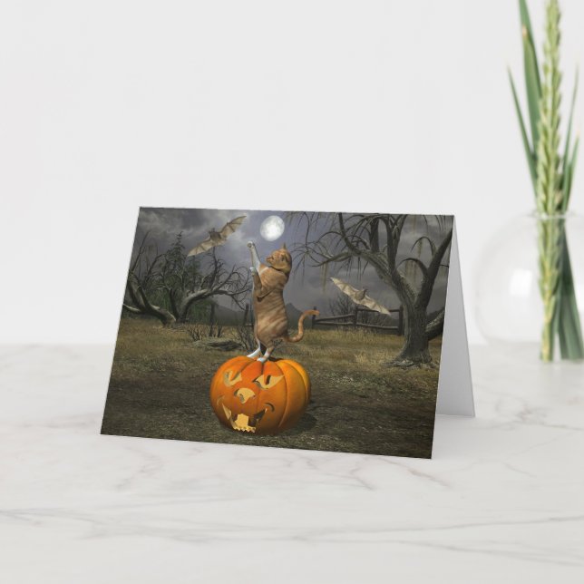Cute Halloween Orange Cat Batting Bats Card (Front)