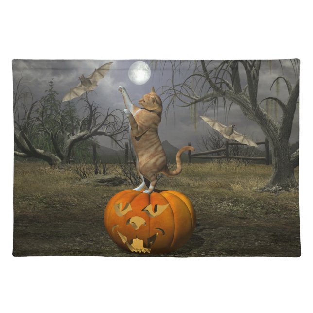 Cute Halloween Orange Cat Batting Bats Cloth Placemat (Front)
