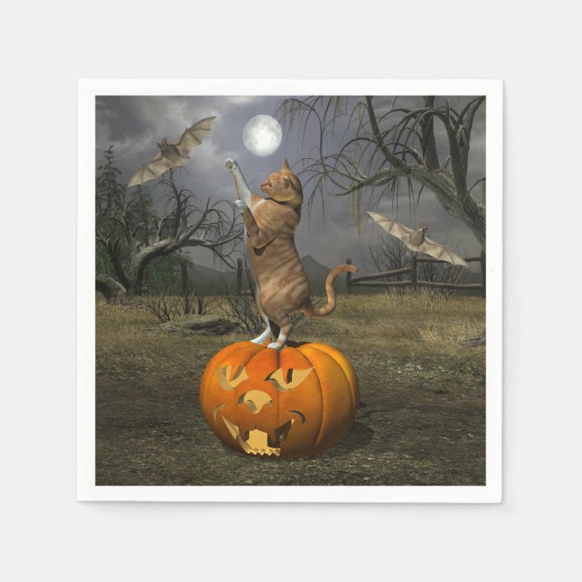 Cute Halloween Orange Cat Batting Bats Paper Napkins (Front)