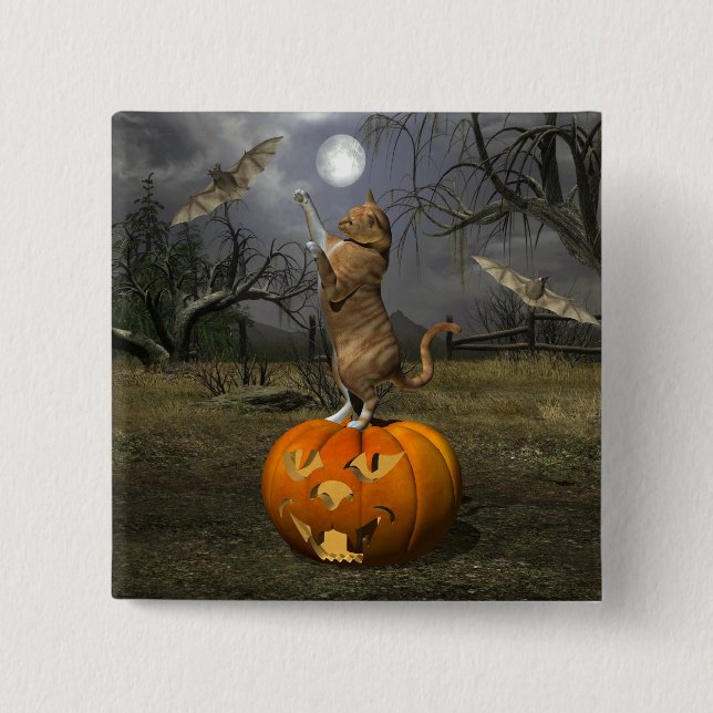 Cute Halloween Orange Cat Batting Bats Pinback Button (Front)