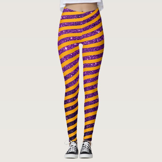 Cute Halloween Orange Purple Glitter Striped Leggings (Front)