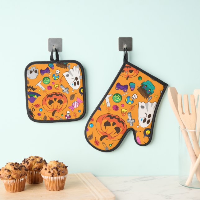 Cute Halloween Oven Mitt & Pot Holder Set (Insitu(Hanging))