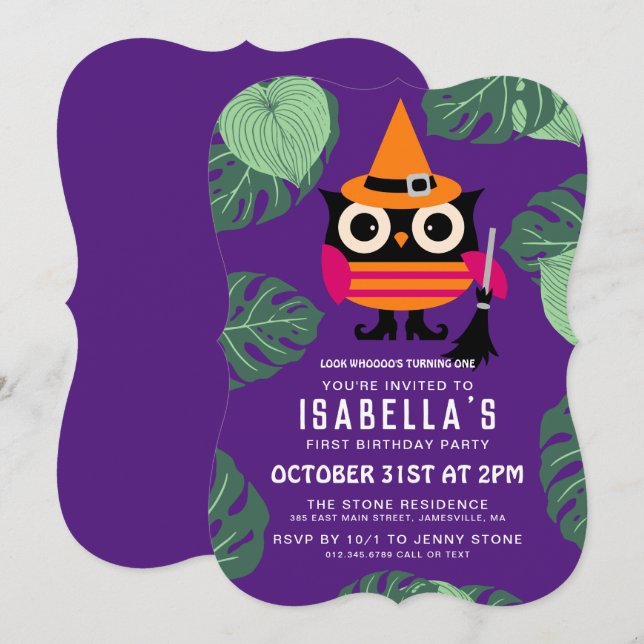 Cute Halloween Owl Botanical First Birthday Invitation (Front/Back)