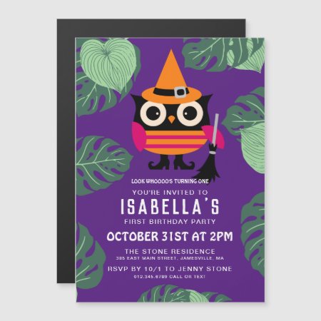 Cute Halloween Owl Botanical First Birthday Magnetic Invitation