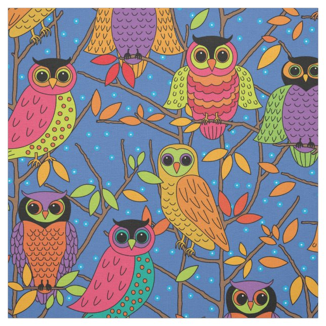 Cute Halloween Owl Orange Green Blue Pattern Fabric (Swatch)