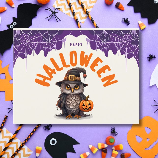 Cute Halloween Owl with Pumpkin Happy Halloween Holiday Postcard (Creator Uploaded)