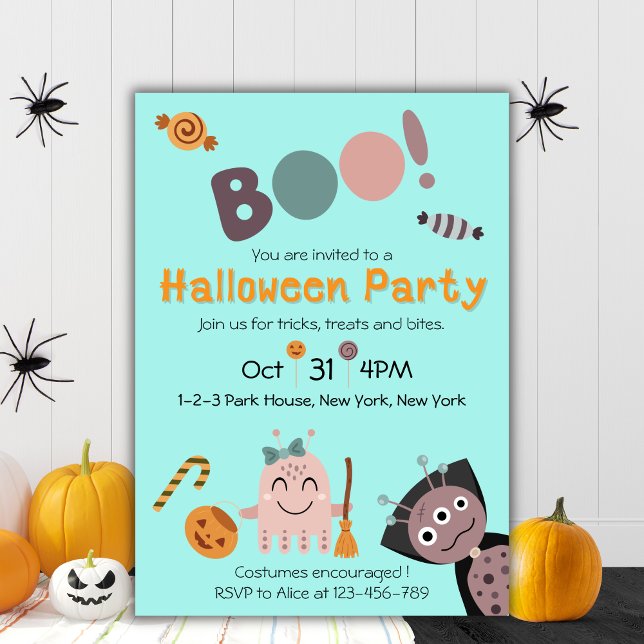 Cute Halloween Party Invitation (Kids Halloween Party Invitation, Cute Monsters)