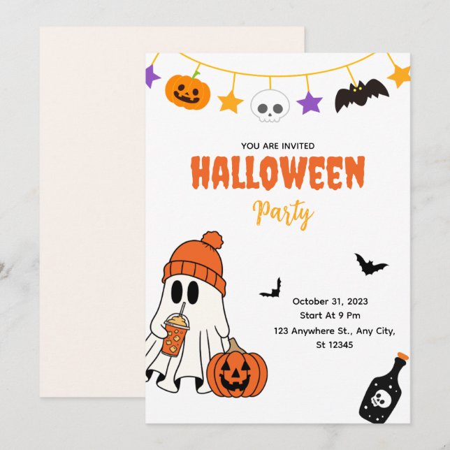 Cute Halloween Party Invitation with Ghost (Front/Back)