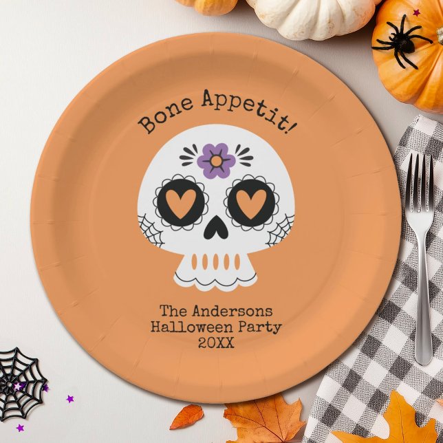 Cute Halloween Party Sugar Skull Paper Plates (A cute sugar skull decorates this Halloween party plate.)