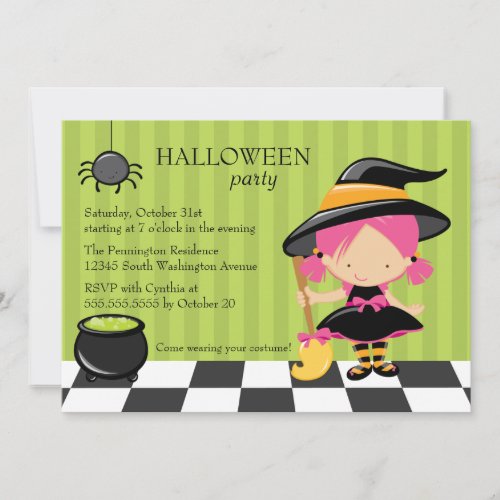 Cute Halloween party witch and spider invitation