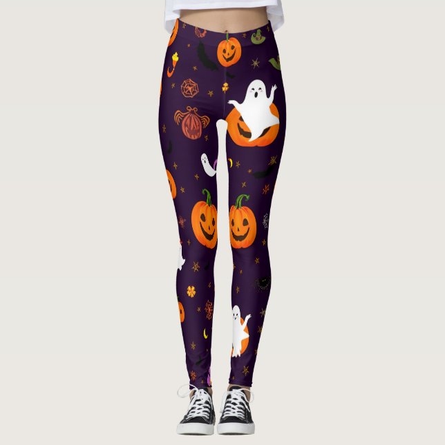 Cute Halloween Pattern – Ghosts, Pumpkins, Candy Leggings (Front)