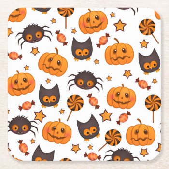 Cute Halloween Pattern Illustration Square Paper Coaster by VintageDesignsShop at Zazzle